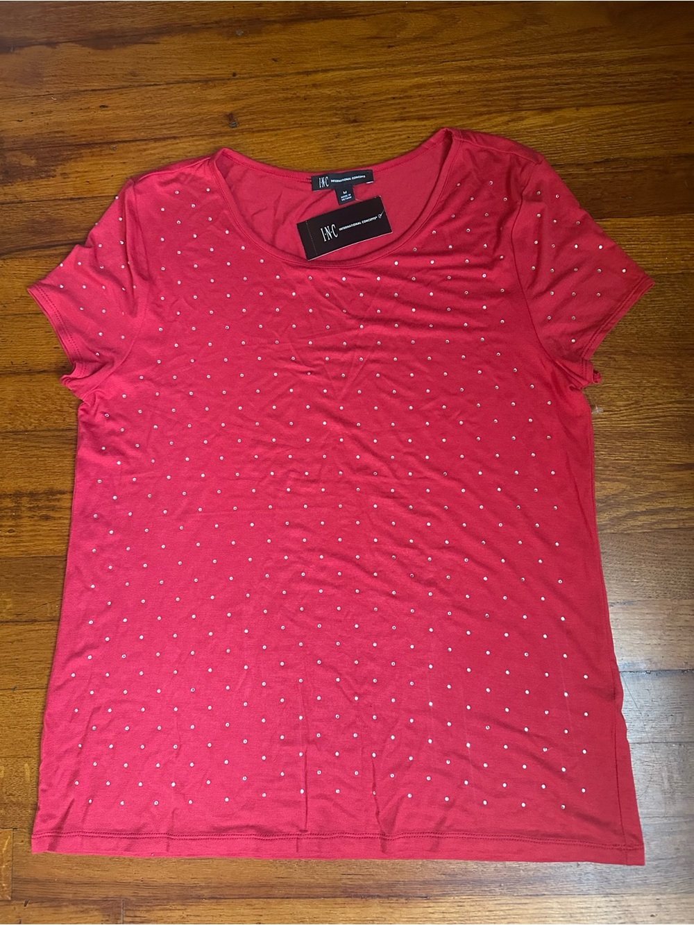 INC Women's Real Red Embellished Short Sleeve T-Shirt size M